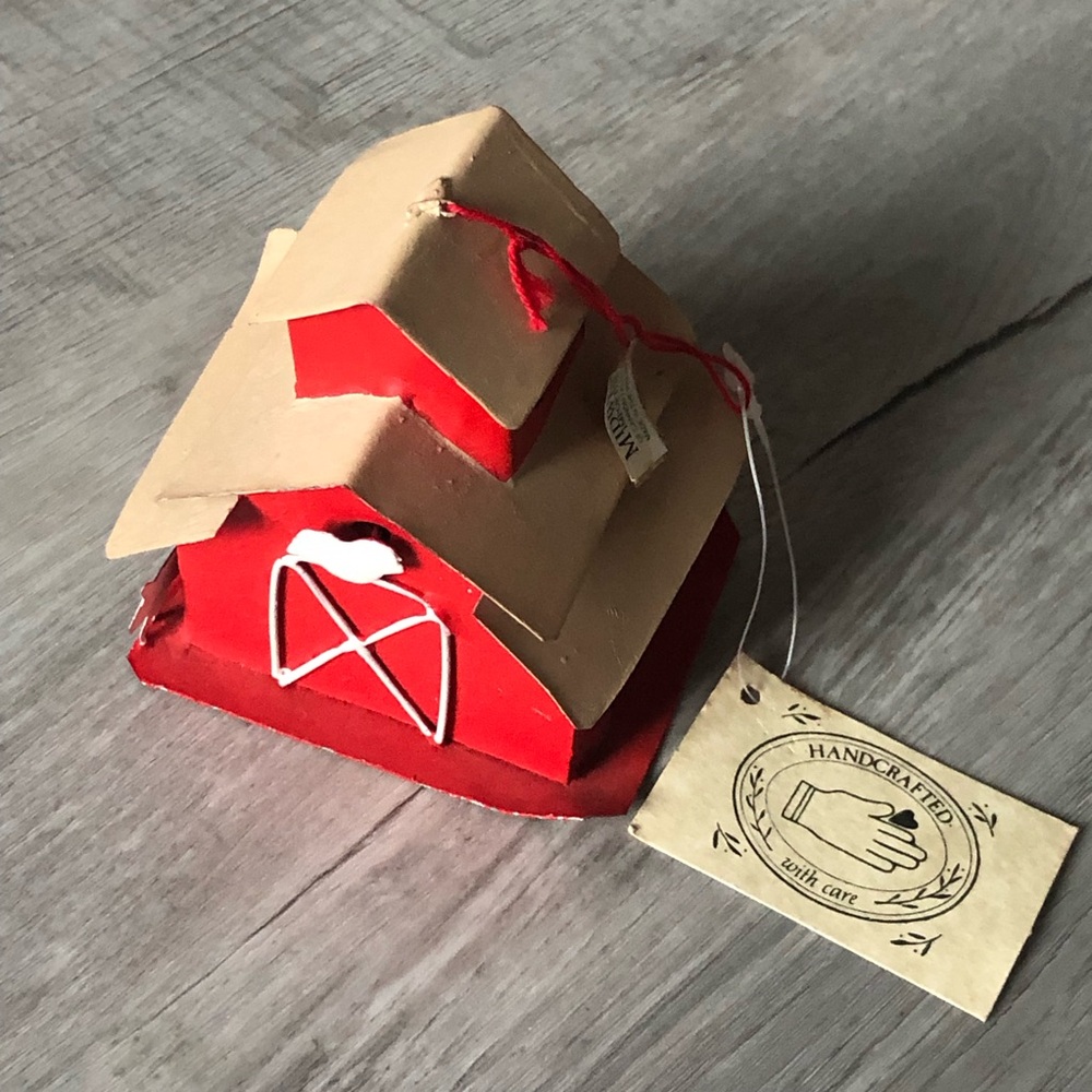 Handcrafted ornament. Tin barn
